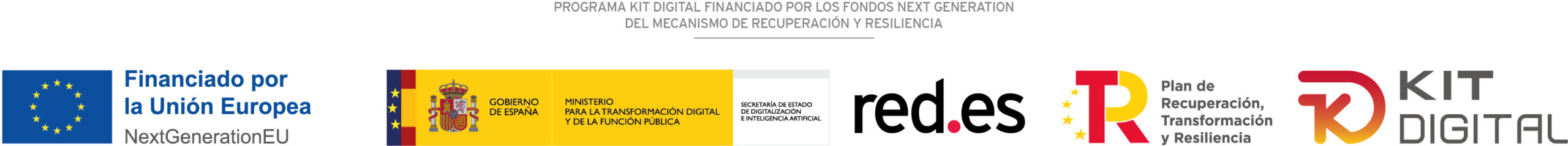Logotipos del programa Kit Digital: Gobierno de España, Ministerio para la Transformación Digital y de la Función Pública, red.es, Plan de Recuperación, Transformación y Resiliencia, y Unión Europea NextGenerationEU